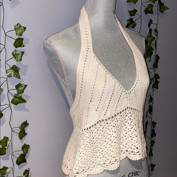 Woman's Olivaceous Light Cream Crochet Halter Top - Picture 2 of 5